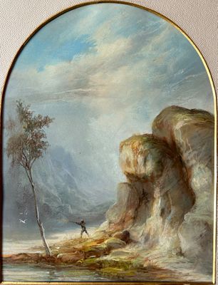 an oil painting of a man standing on a cliff by a river