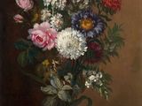painting of flowers in a vase on a table with a brown background