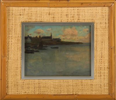 an image of a painting of a boat in a body of water with a castle in the background