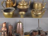 plusieurs photos différentes montrant toute une gamme de casseroles et poêles anciennes en cuivre