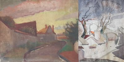 a painting on the wall of a building and a picture of a street