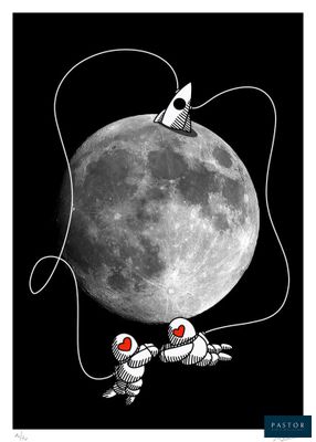 a black and white photo of two astronauts in front of the moon