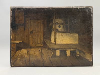 tableau représentant une chambre à coucher avec un lit et une table