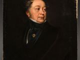 a painting of a man in a black suit and blue tie