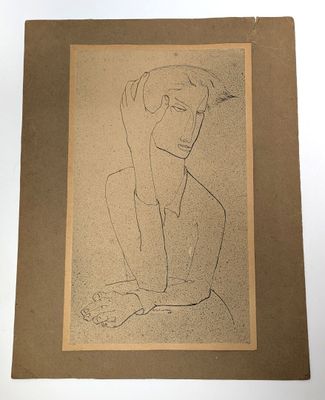 drawing of a man in a suit sitting down with his hand on his chin