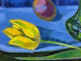 a painting of a yellow tulip next to a green vase