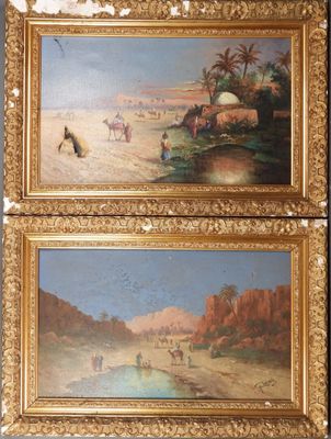 deux tableaux représentant une scène de désert avec des chameaux et des personnes sur la plage