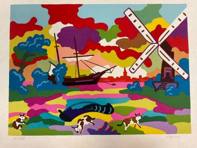 a picture of a painting of a windmill and a boat