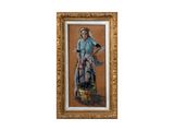 tableau représentant une femme en robe bleue tenant un panier de fleurs