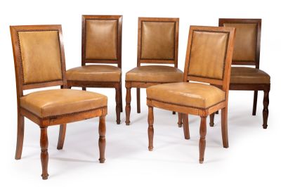 JACOB : SUITE de cinq chaises en acajou et placage d'acajou mouluré et