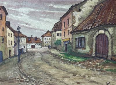 a painting of a man walking down a street with an umbrella