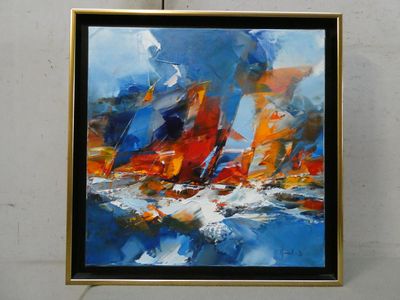 painting of a painting of a sailboat on a body of water