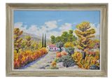 an oil painting of a country road with trees and bushes