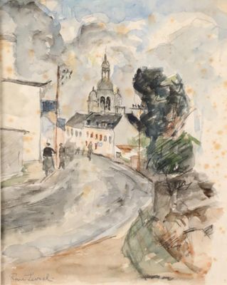 une image représentant une aquarelle d'un homme en train de prendre une photo d'un bâtiment