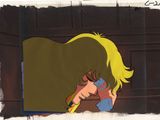 cellule d'animation représentant une femme aux cheveux blonds portant un t-shirt bleu
