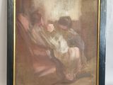 une peinture à l'huile représentant une femme assise sur un canapé à côté d'un chat