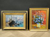 painting of a vase of flowers and a painting of a ship