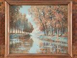 un tableau représentant une rivière avec des arbres et un bateau sur l'eau