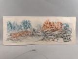 drawing of a castle on a hill with trees in the foreground