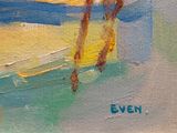 an oil painting of a woman walking on a beach holding a surfboard