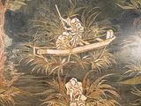 a painting of two people in a boat on the water