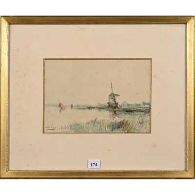 tableau représentant un bateau sur un plan d'eau, avec un moulin à vent en arrière-plan