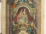 une image représentant un tableau où l'on voit une femme assise sur un trône, entourée d'autres personnes