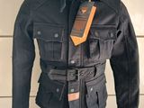 men ' s black military jacket on mannequin display with orange tag