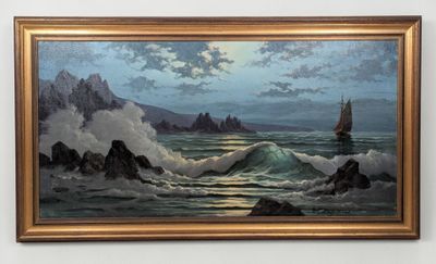 une peinture à l'huile représentant un voilier en mer, avec une montagne en arrière-plan
