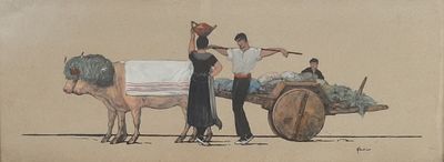 a drawing of a man on a cart being pulled by a horse