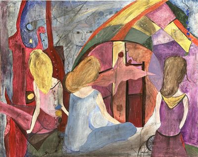 a painting of a group of people standing in front of a building
