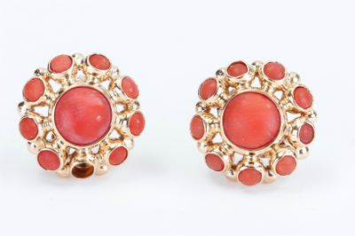 a pair of coral and gold earrings