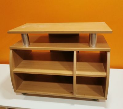 a wooden shelf with two shelves on top of it