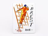 painting of a man climbing a ladder on a white plaque