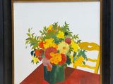 painting of a vase of flowers on a table with a chair in the background