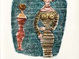 dessin représentant une femme en robe rayée avec un chapeau et une autre femme en robe rayée