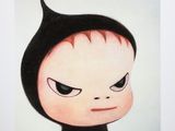 painting of a small child with a black cat ' s head and red eyes