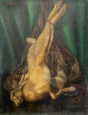 une peinture à l'huile représentant un animal mort posé sur une table, à côté d'une paire de ciseaux
