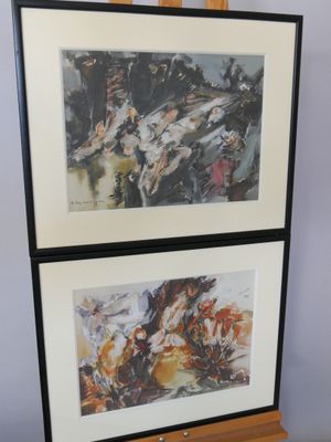 painting on easel with two pictures of horses in a field