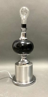 Lampe SEE DELMAS en verre teinté noir et inox brossé.