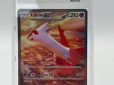 a close up of a pokemon card in a plastic case