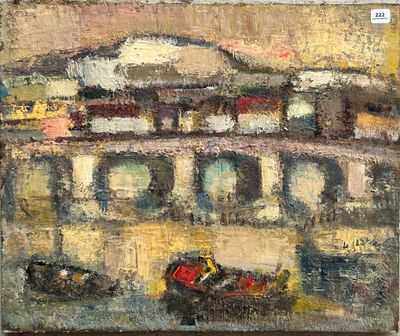 an oil painting of a boat in front of a building on the water