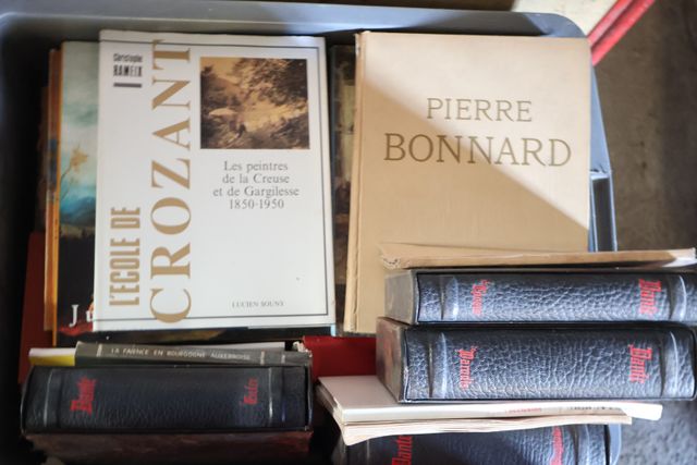 Lot de 4 caisses dont la bible illustrée par Doré, livres d’art d...