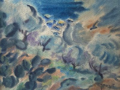 an image of a painting of sheep in a field with a sky background