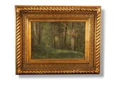 a painting of a forest scene with trees and grass in a gold frame