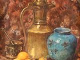 une peinture à l'huile représentant une théière et une assiette de fruits posées sur une table