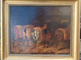 tableau représentant un groupe de chevaux dans une écurie, près d'un mur de pierre