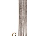 a close up of a sword with a gold handle on a white background