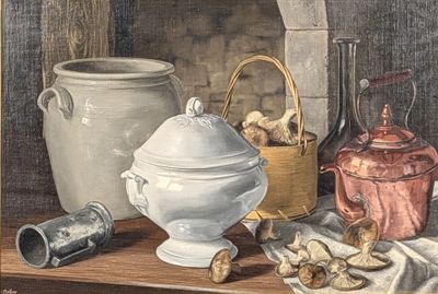 a painting of a still life with various items on a table