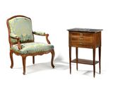 two pieces of furniture including a chair, table, and side table